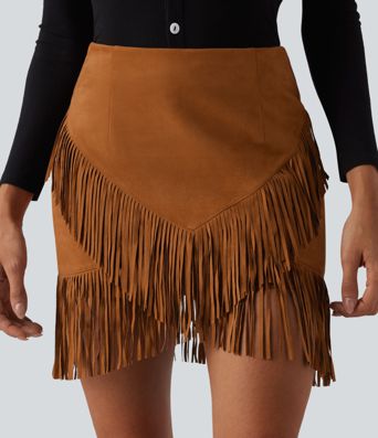 High Waisted 2-in-1 Fringe Hem Bodycon Mini Suede Casual Skirt