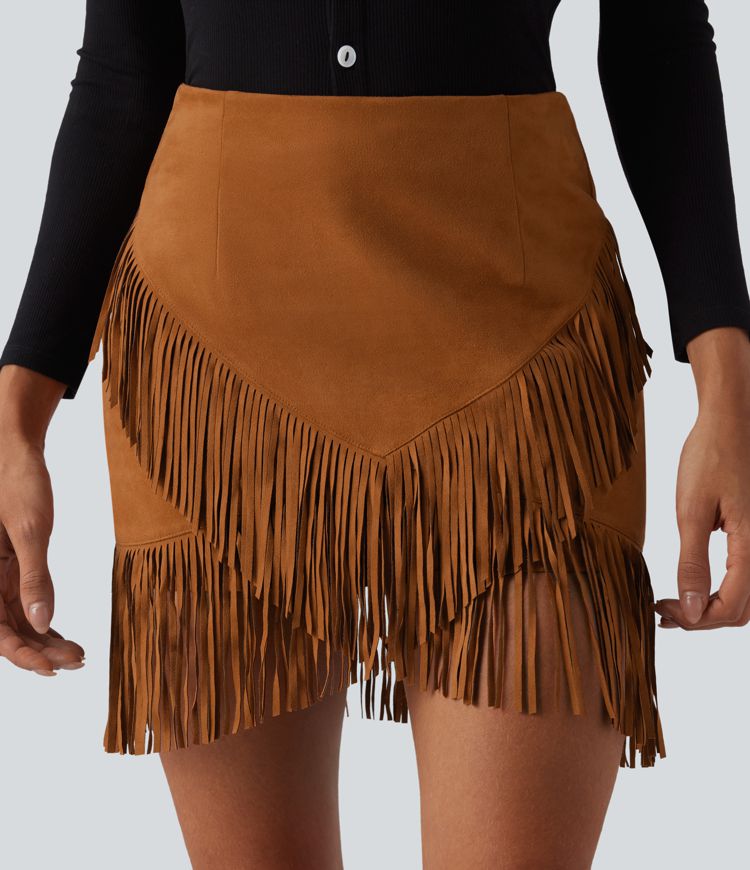 High Waisted 2-in-1 Fringe Hem Bodycon Mini Suede Casual Skirt