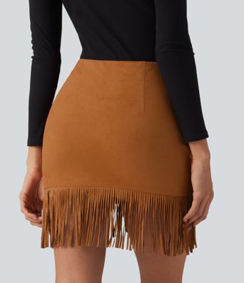 High Waisted 2-in-1 Fringe Hem Bodycon Mini Suede Casual Skirt