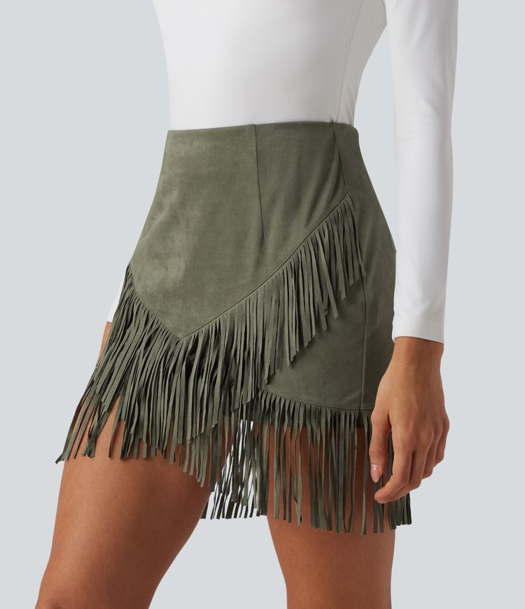 Falda Mini Bodycon Casual de Ante con Dobladillo de Flecos de Talle Alto de 2 en 1