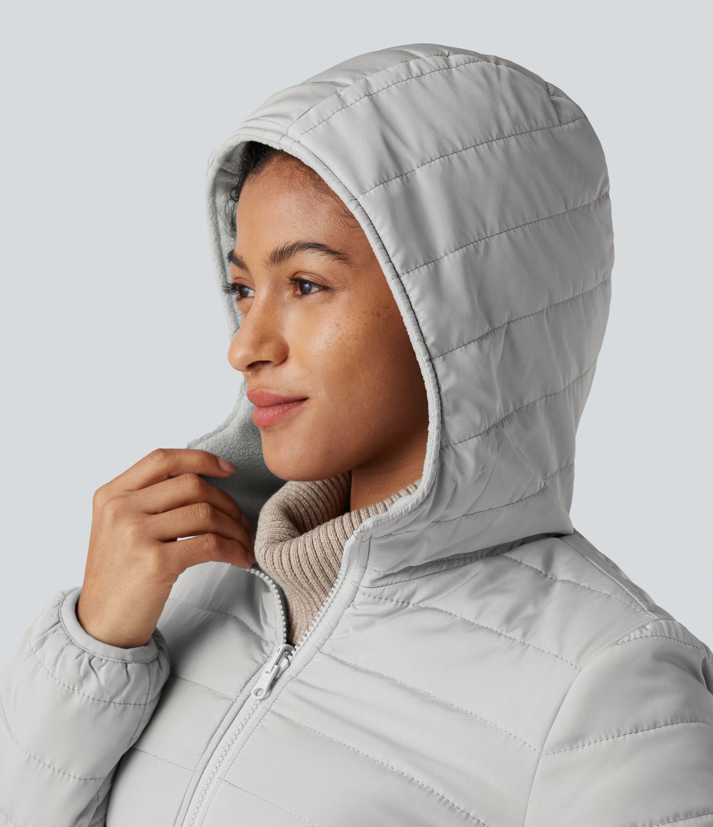 Reversible Hooded Zipper Long Sleeve Fleece Casual Padded Jacket with Pockets (Two Looks in One)