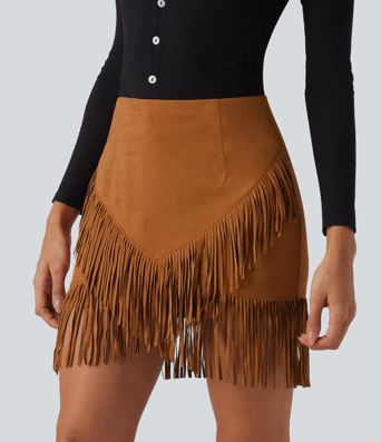 High Waisted 2-in-1 Fringe Hem Bodycon Mini Suede Casual Skirt