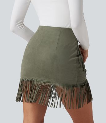 Falda Mini Bodycon Casual de Ante con Dobladillo de Flecos de Talle Alto de 2 en 1