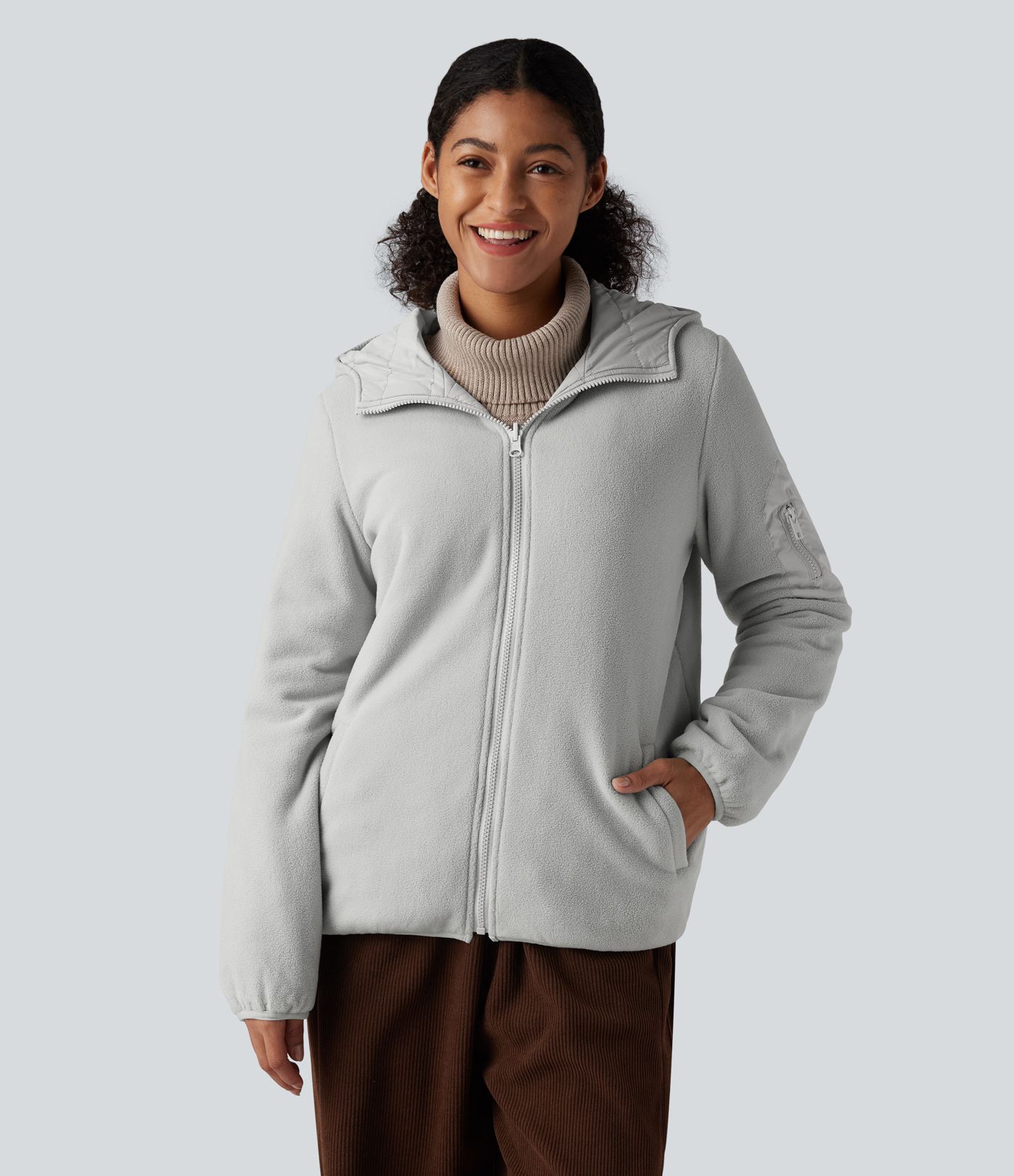 Reversible Hooded Zipper Long Sleeve Fleece Casual Padded Jacket with Pockets (Two Looks in One)