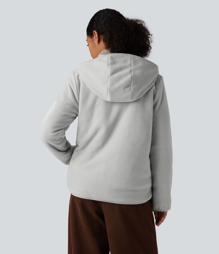 Reversible Hooded Zipper Long Sleeve Fleece Casual Padded Jacket with Pockets (Two Looks in One)