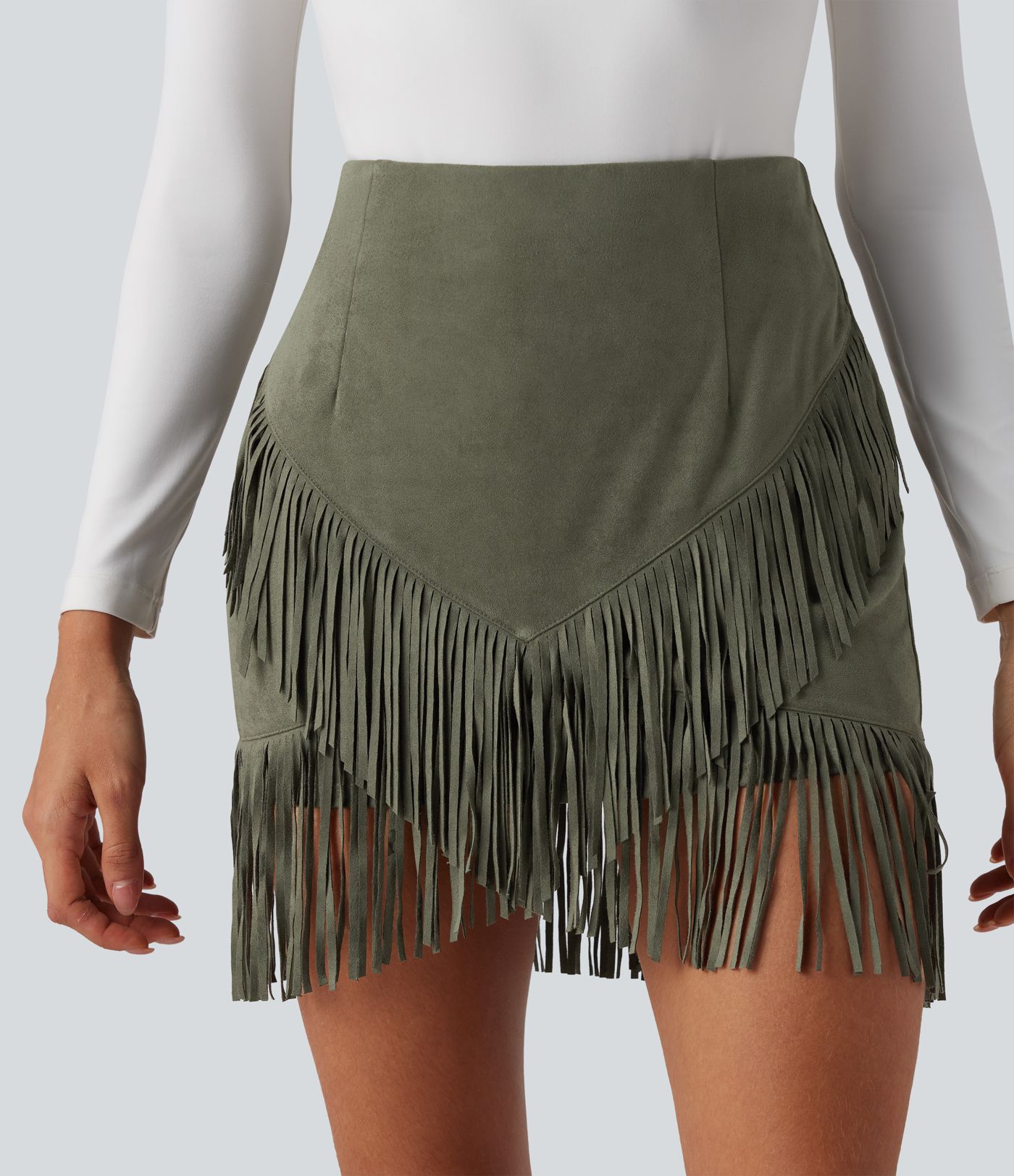 Falda Mini Bodycon Casual de Ante con Dobladillo de Flecos de Talle Alto de 2 en 1