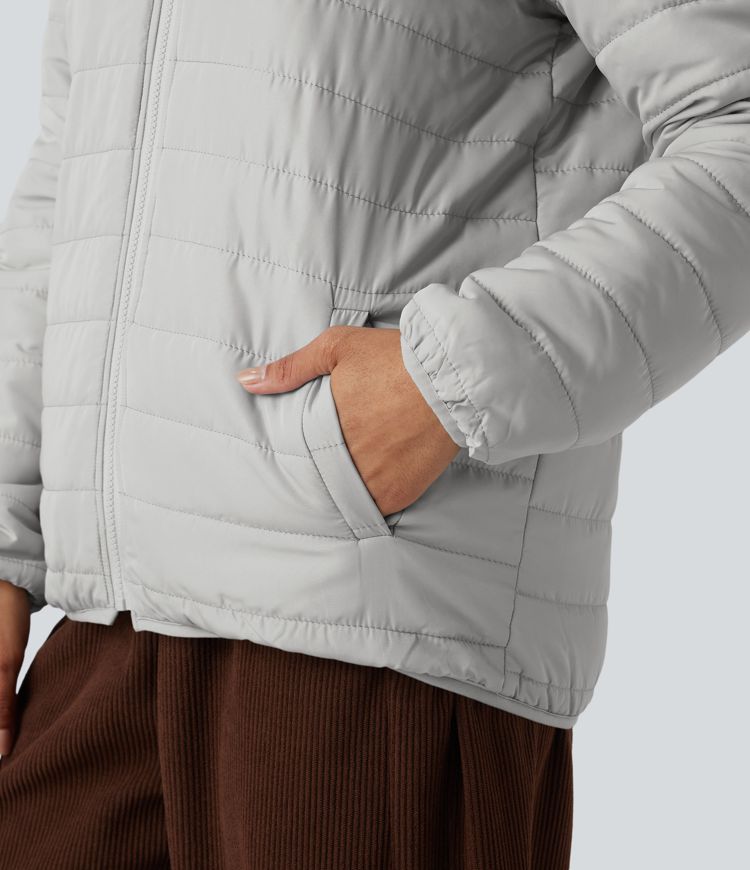 Reversible Hooded Zipper Long Sleeve Fleece Casual Padded Jacket with Pockets (Two Looks in One)