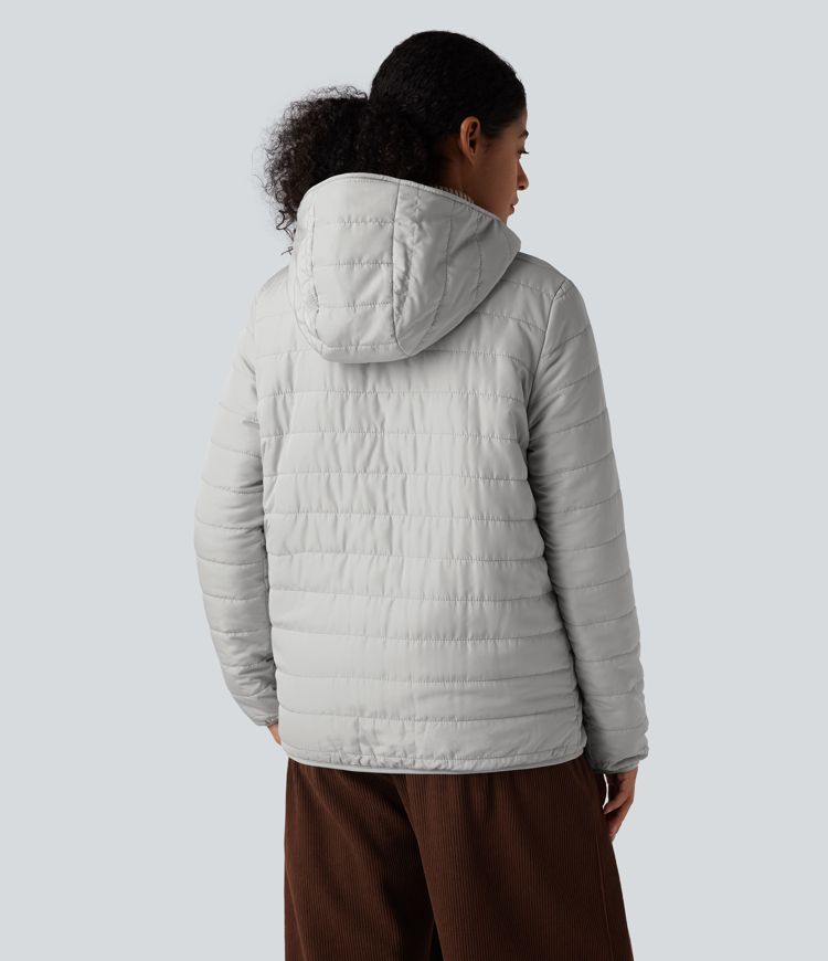 Reversible Hooded Zipper Long Sleeve Fleece Casual Padded Jacket with Pockets (Two Looks in One)