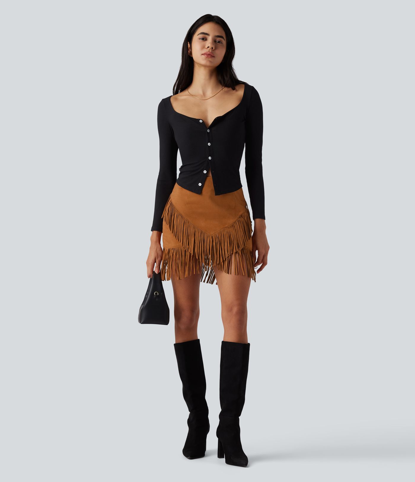 High Waisted 2-in-1 Fringe Hem Bodycon Mini Suede Casual Skirt