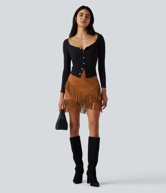 High Waisted 2-in-1 Fringe Hem Bodycon Mini Suede Casual Skirt