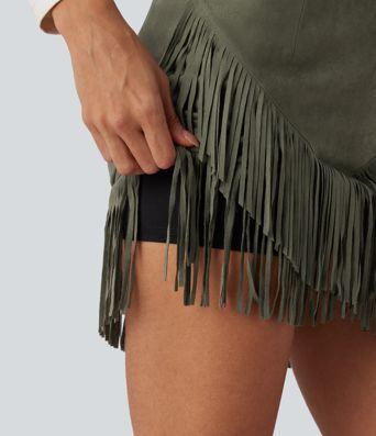 Falda Mini Bodycon Casual de Ante con Dobladillo de Flecos de Talle Alto de 2 en 1