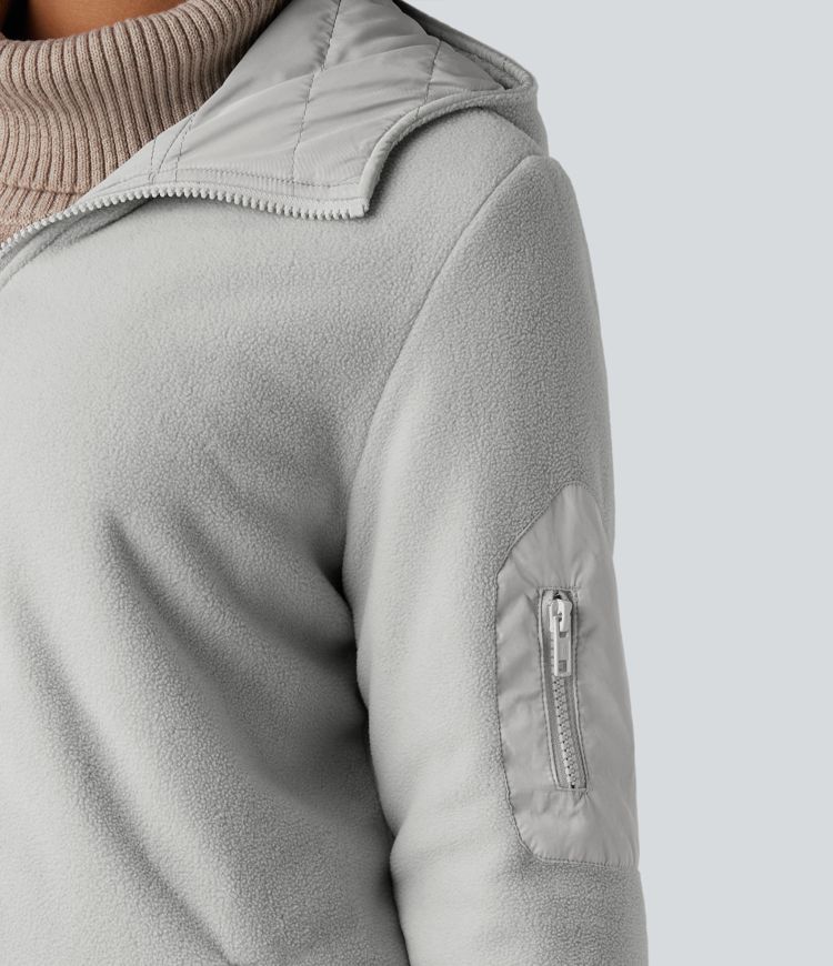 Reversible Hooded Zipper Long Sleeve Fleece Casual Padded Jacket with Pockets (Two Looks in One)