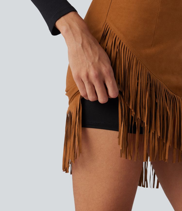 High Waisted 2-in-1 Fringe Hem Bodycon Mini Suede Casual Skirt