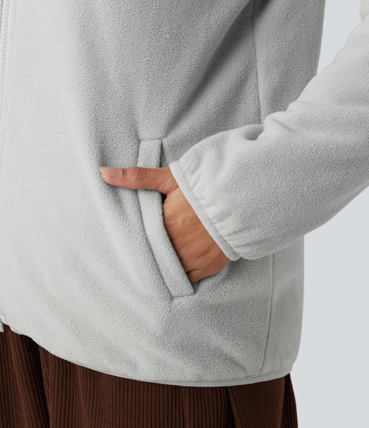 Reversible Hooded Zipper Long Sleeve Fleece Casual Padded Jacket with Pockets (Two Looks in One)