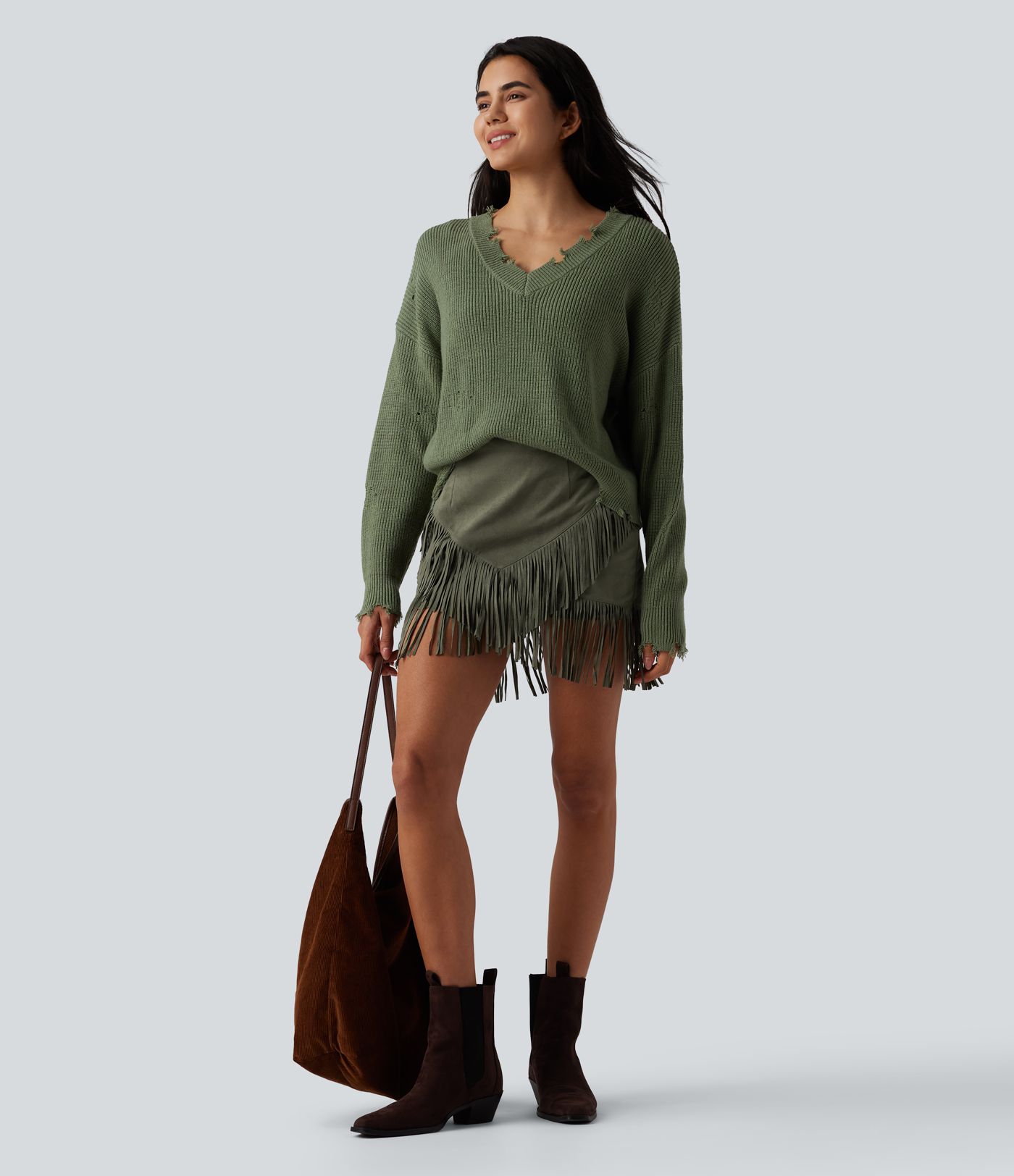 Falda Mini Bodycon Casual de Ante con Dobladillo de Flecos de Talle Alto de 2 en 1