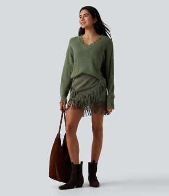 Falda Mini Bodycon Casual de Ante con Dobladillo de Flecos de Talle Alto de 2 en 1