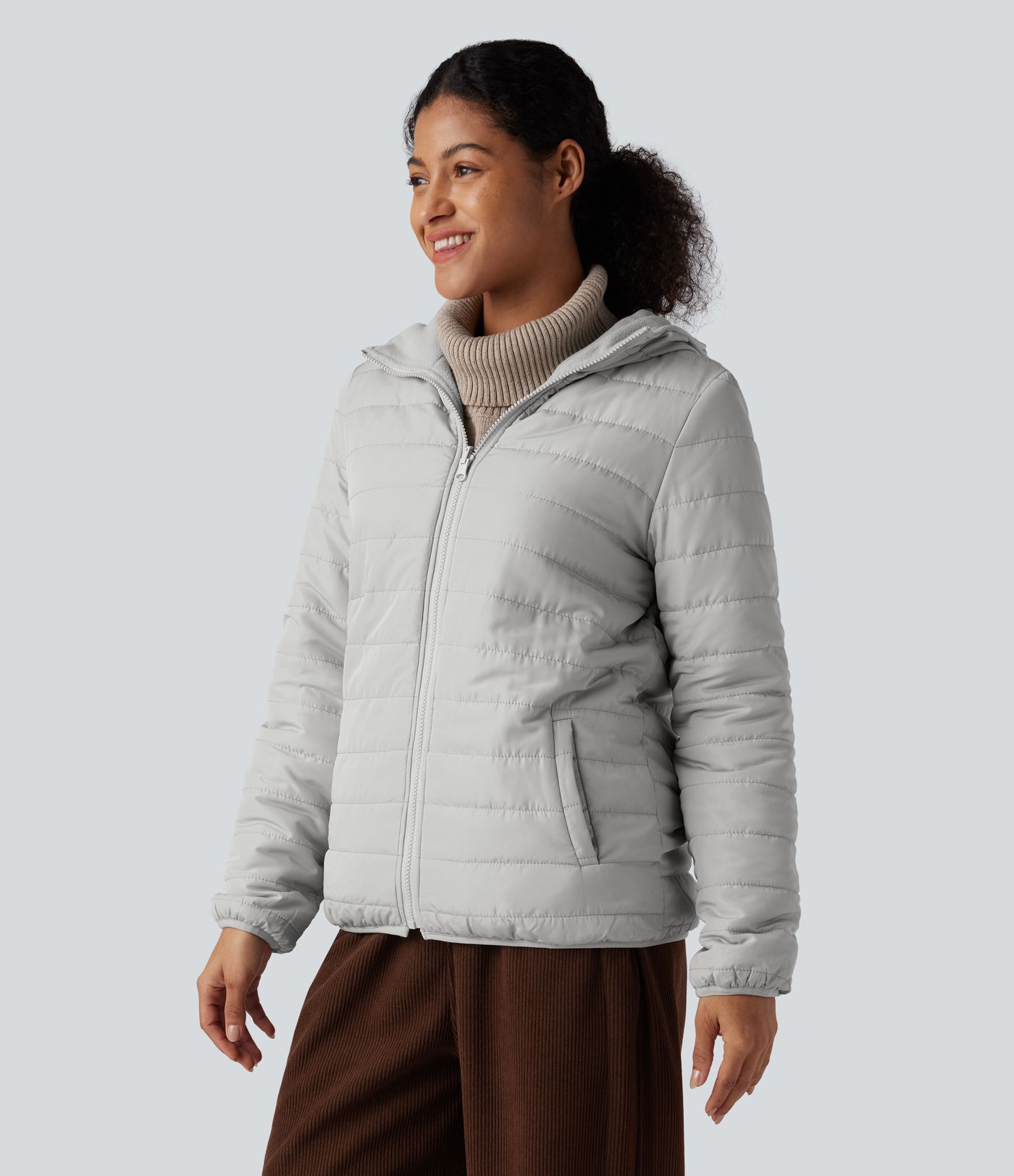 Reversible Hooded Zipper Long Sleeve Fleece Casual Padded Jacket with Pockets (Two Looks in One)
