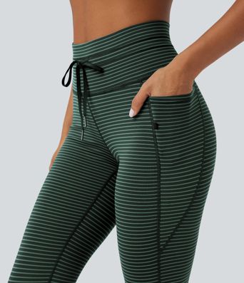High Waisted Drawstring Striped Yoga Leggings with Pockets