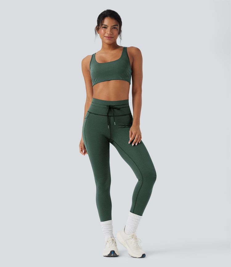 High Waisted Drawstring Striped Yoga Leggings with Pockets