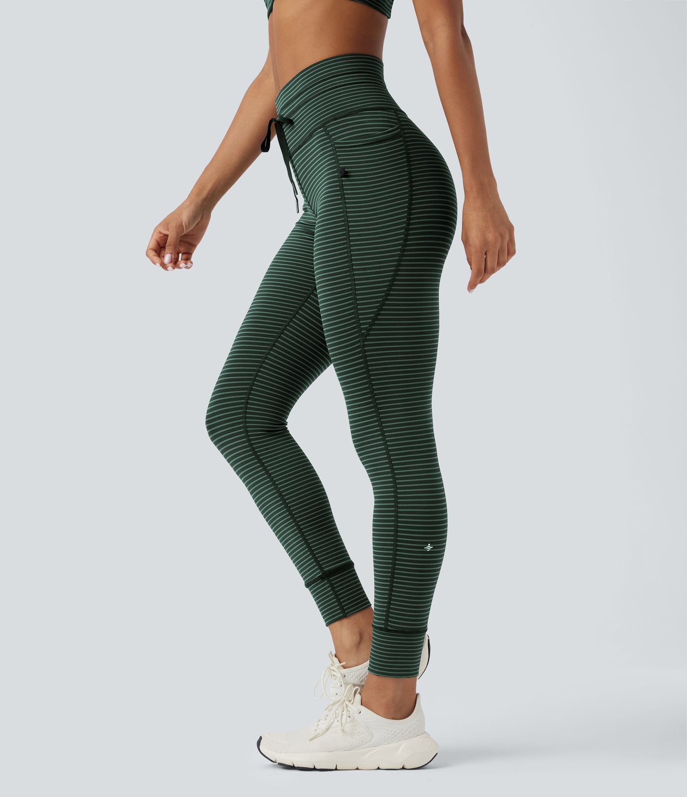 High Waisted Drawstring Striped Yoga Leggings with Pockets