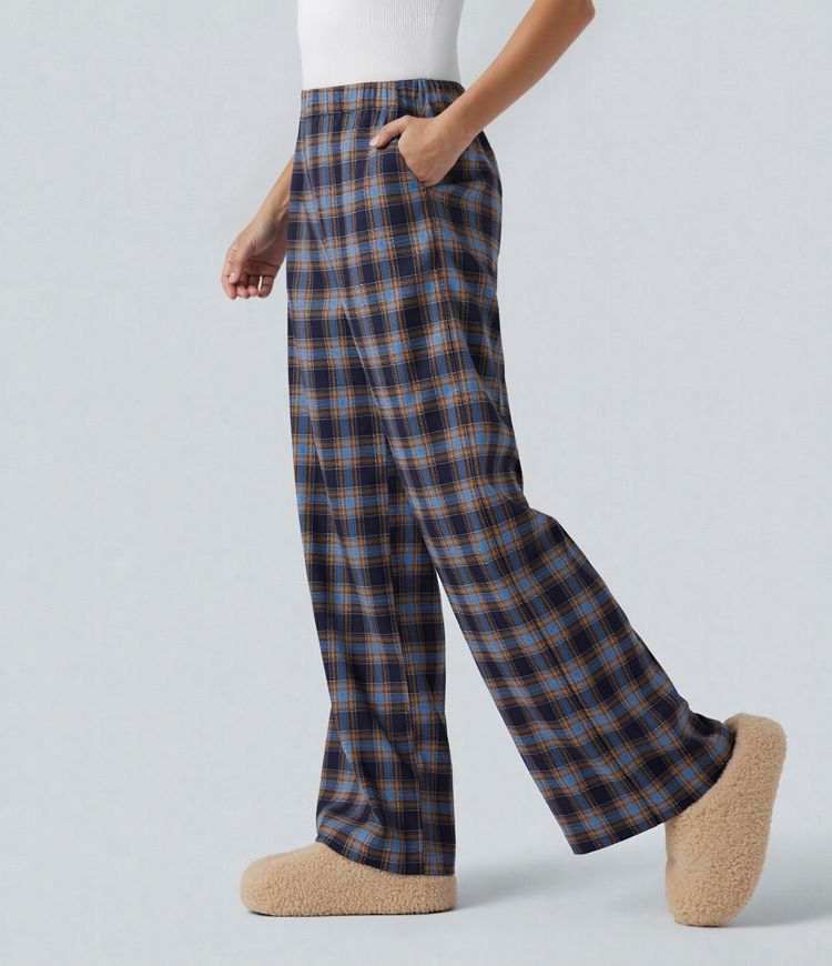 High Waisted Plaid Baggy Lounge Pants with Pockets