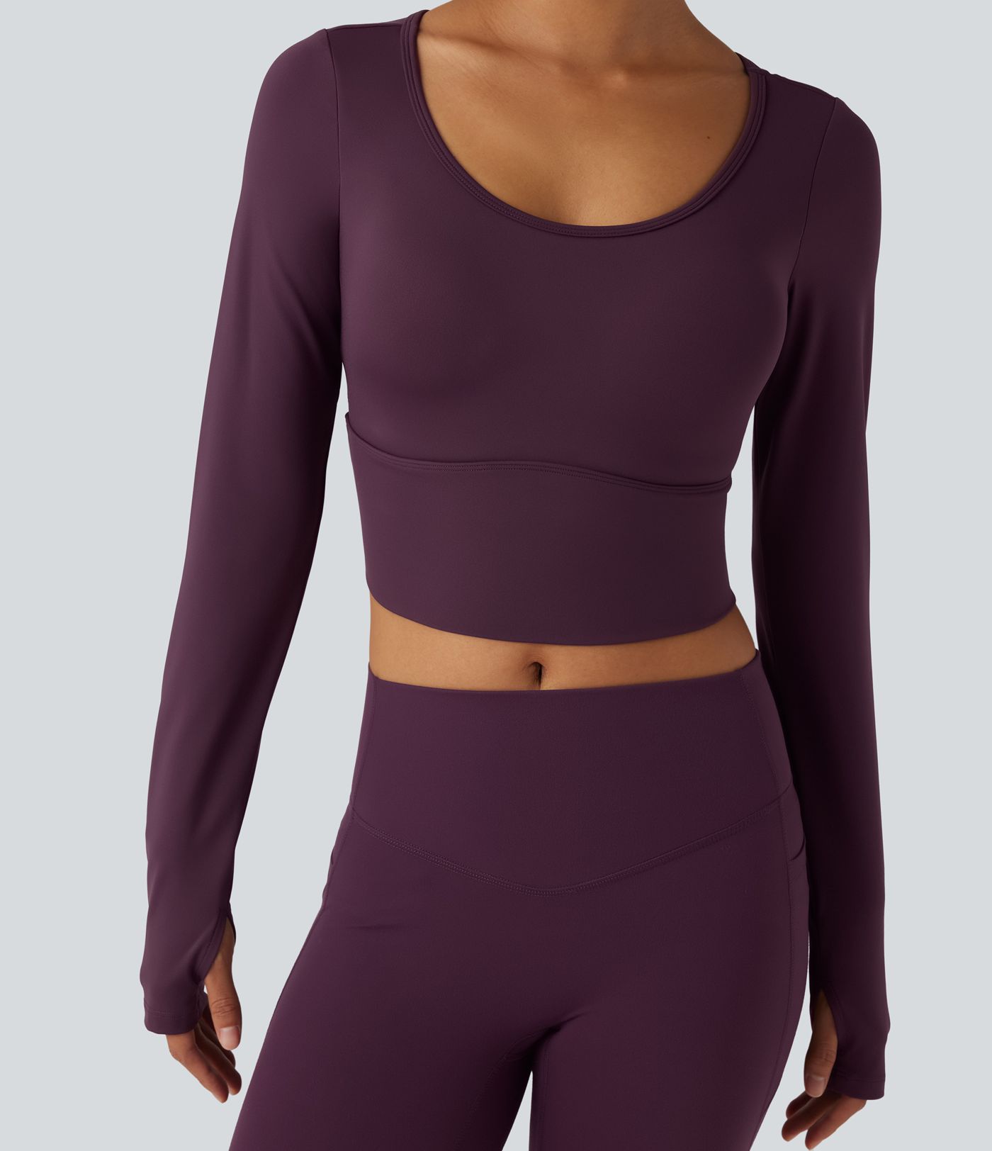 SoftlyZero™ Airy Scoop Neck Push-Up Long Sleeve Thumb Hole Cool Touch Cropped Yoga Sports Top-UPF50+
