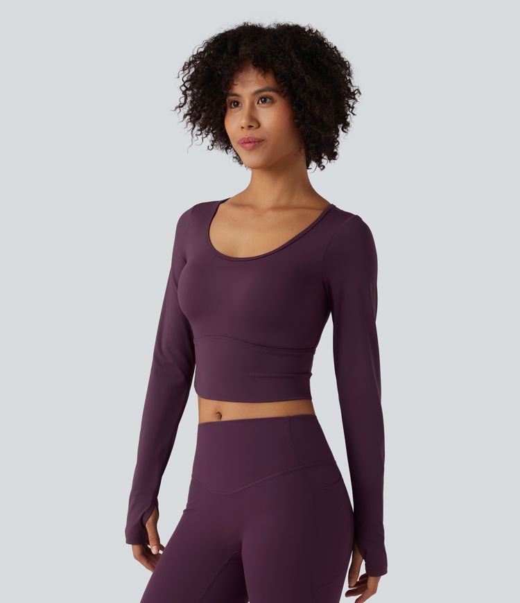 SoftlyZero™ Airy Scoop Neck Push-Up Long Sleeve Thumb Hole Cool Touch Cropped Yoga Sports Top-UPF50+