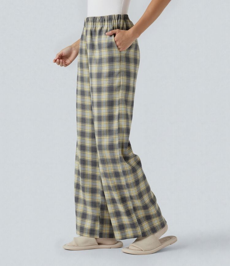 High Waisted Plaid Baggy Lounge Pants with Pockets
