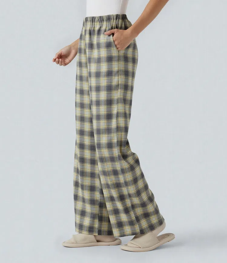 Mustard Plaid High Waisted Plaid Baggy Lounge Pants with Pockets / 2