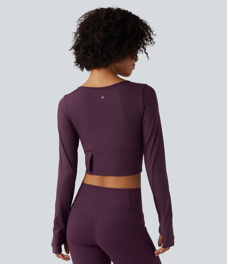 SoftlyZero™ Airy Scoop Neck Push-Up Long Sleeve Thumb Hole Cool Touch Cropped Yoga Sports Top-UPF50+
