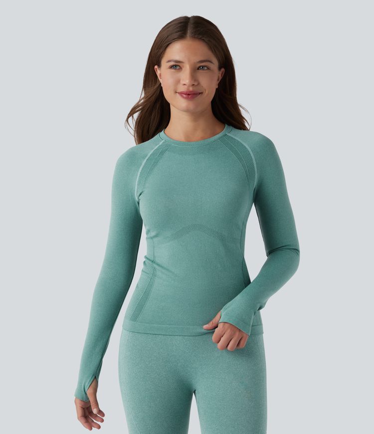 OneForm Seamless Flow Top de sport yoga à col rond, manches longues raglan avec passants pouces
