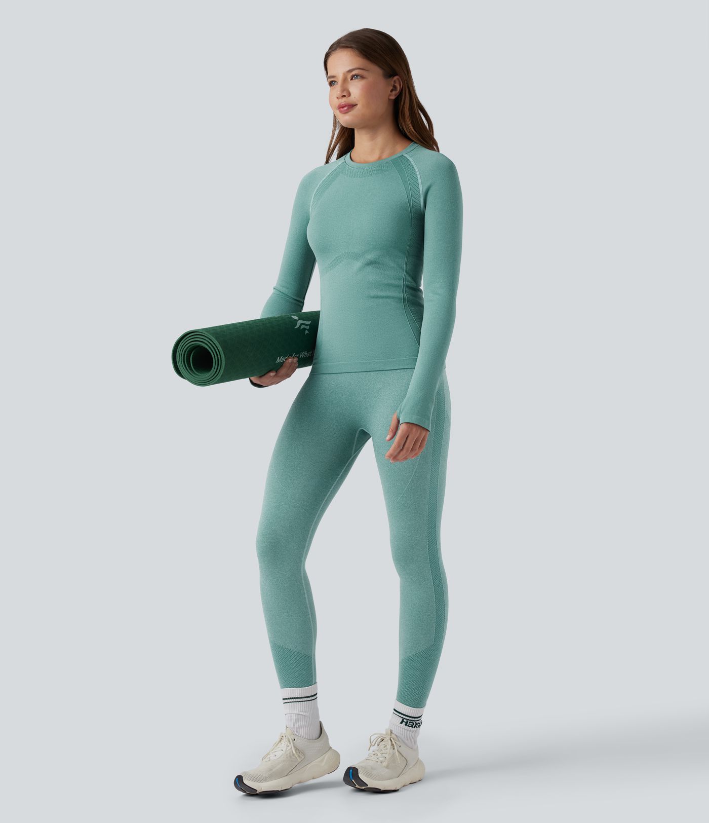 OneForm Seamless Flow Top de sport yoga à col rond, manches longues raglan avec passants pouces