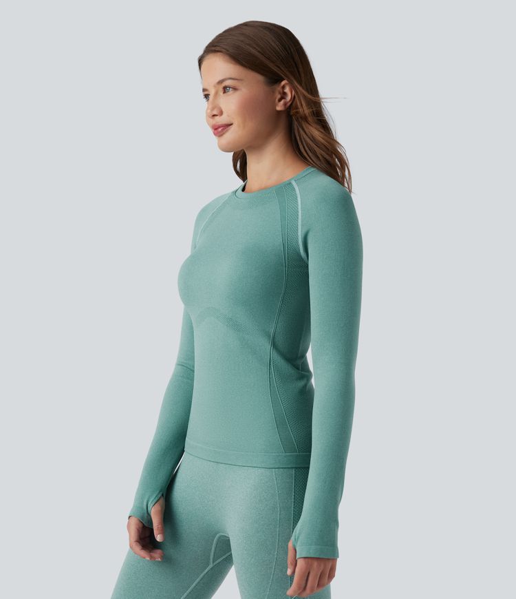 OneForm Seamless Flow Top de sport yoga à col rond, manches longues raglan avec passants pouces