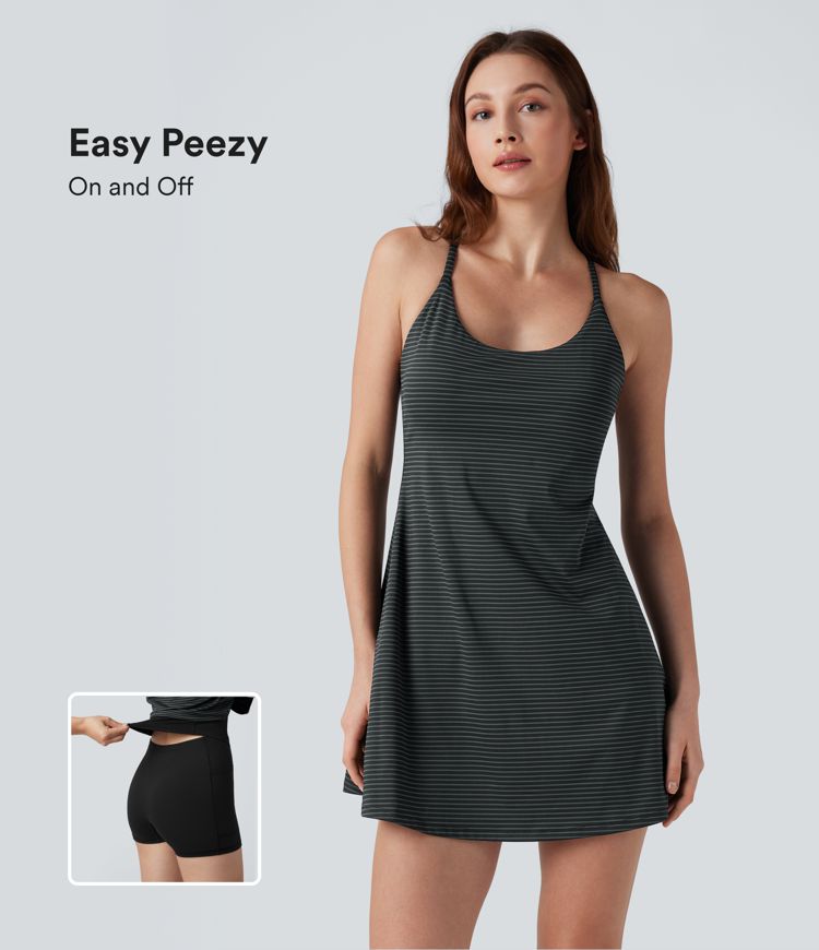 Crisscross Backless Stripes Tennis Active Dress with Pockets-Easy Peezy