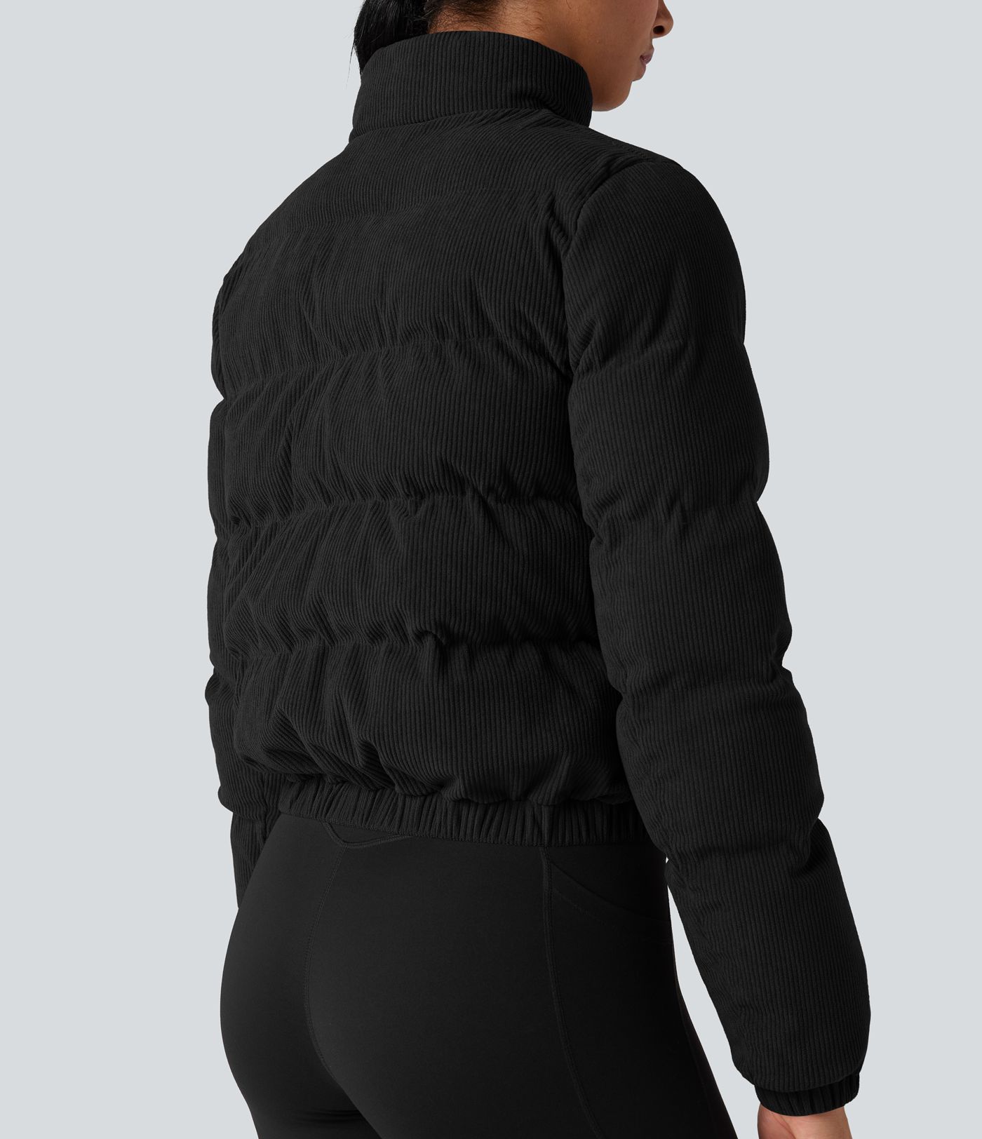 Stand Collar Corduroy Casual Puffer Jacket with Pockets