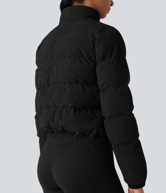 Stand Collar Corduroy Casual Puffer Jacket with Pockets