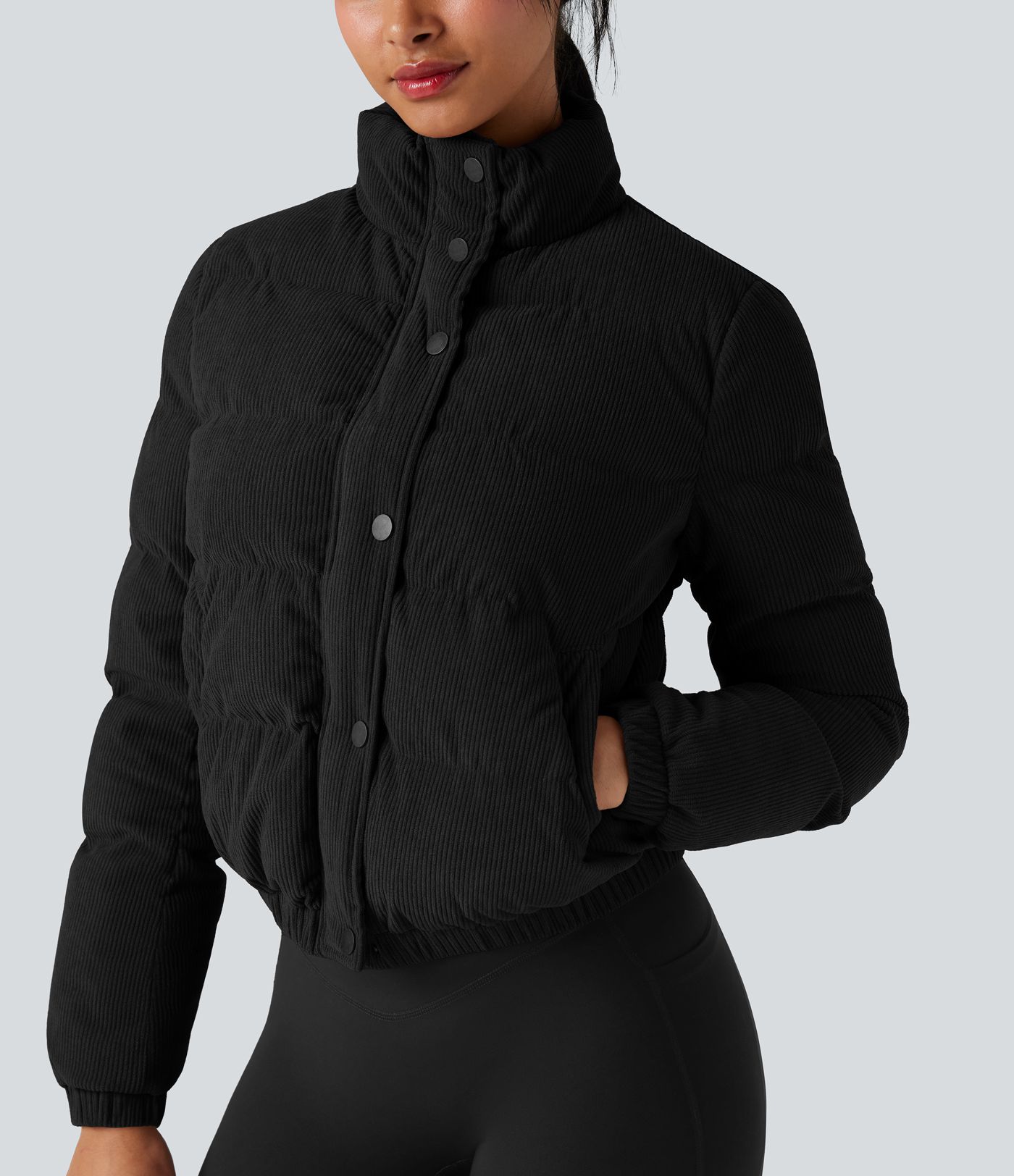 Stand Collar Corduroy Casual Puffer Jacket with Pockets