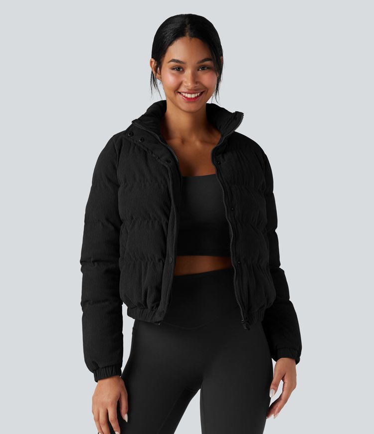 Stand Collar Corduroy Casual Puffer Jacket with Pockets