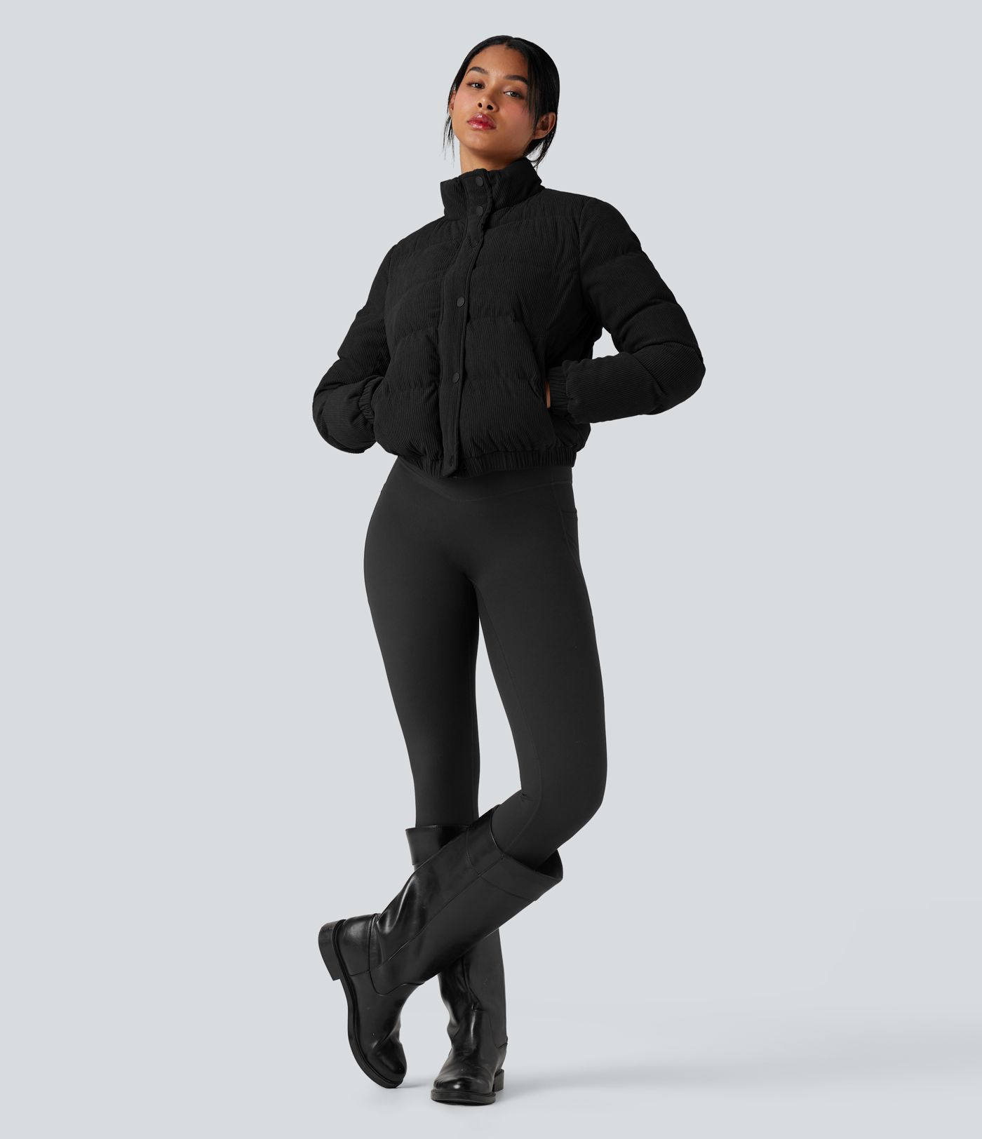 Stand Collar Corduroy Casual Puffer Jacket with Pockets