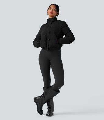 Stand Collar Corduroy Casual Puffer Jacket with Pockets