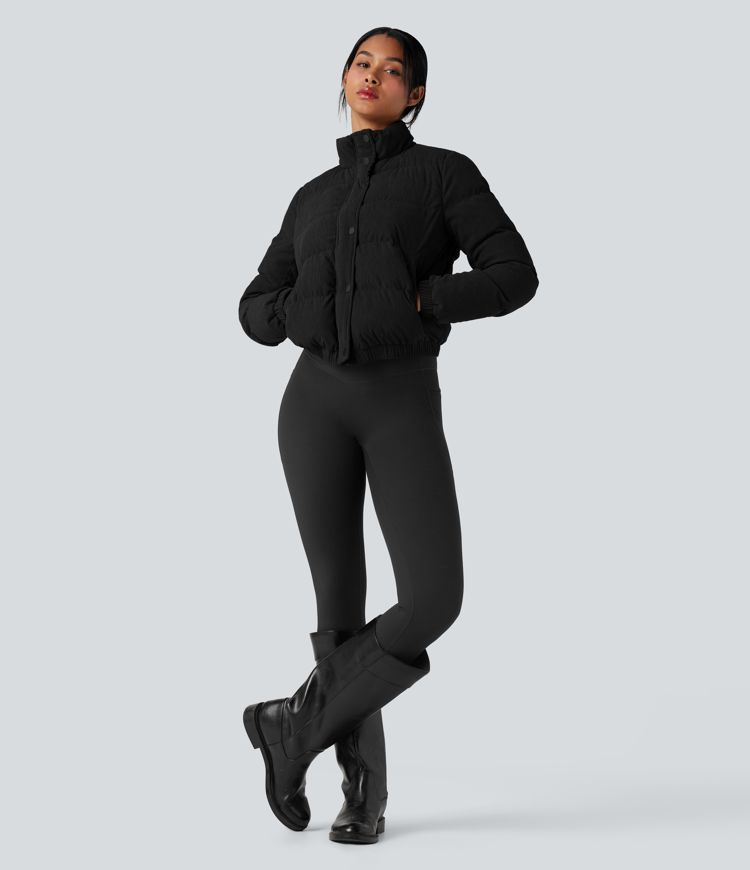 Stand Collar Corduroy Casual Puffer Jacket with Pockets