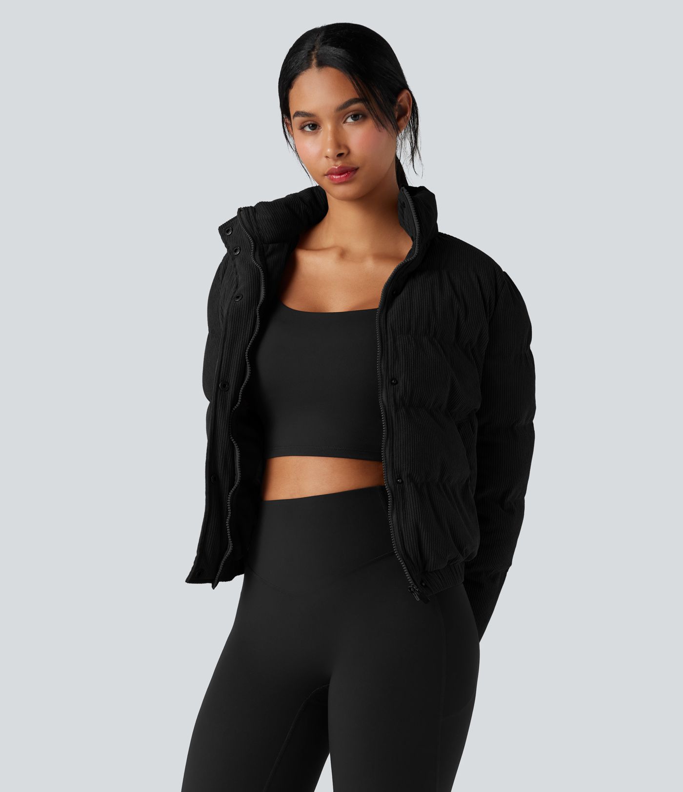 Stand Collar Corduroy Casual Puffer Jacket with Pockets