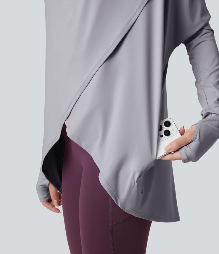 Hooded Cowl Neck Long Sleeve Thumb Hole Yoga Sports Top with Pockets