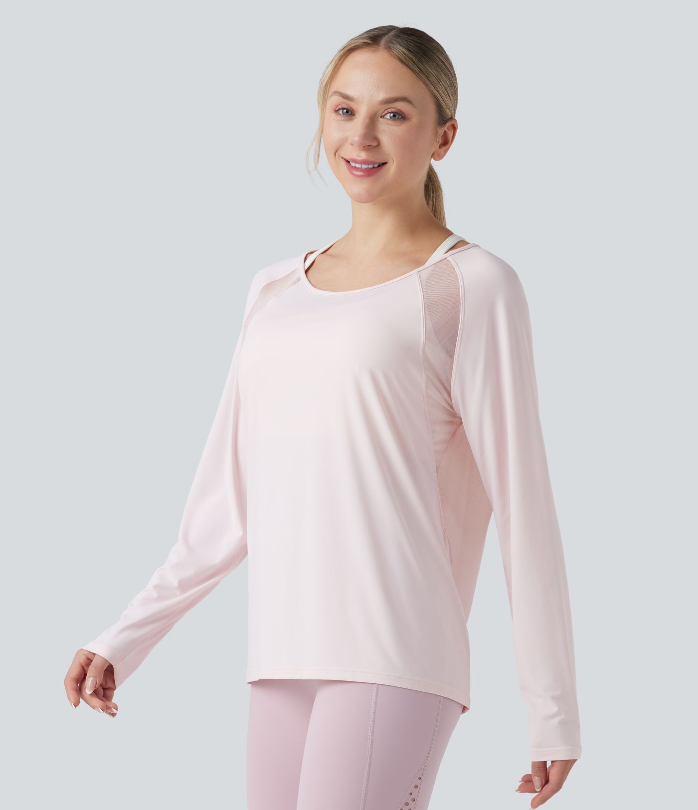 Scoop Neck Long Sleeve Contrast Mesh Yoga Sports Top