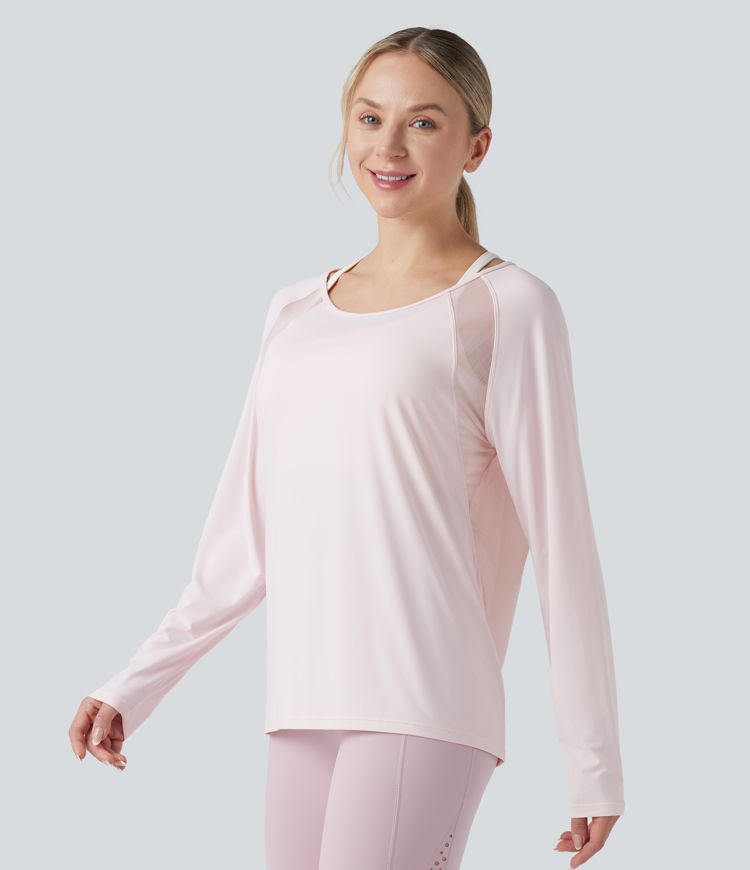 Scoop Neck Long Sleeve Contrast Mesh Yoga Sports Top