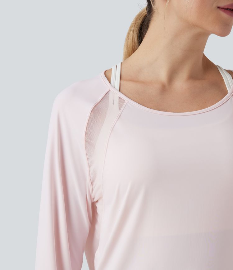 Scoop Neck Long Sleeve Contrast Mesh Yoga Sports Top