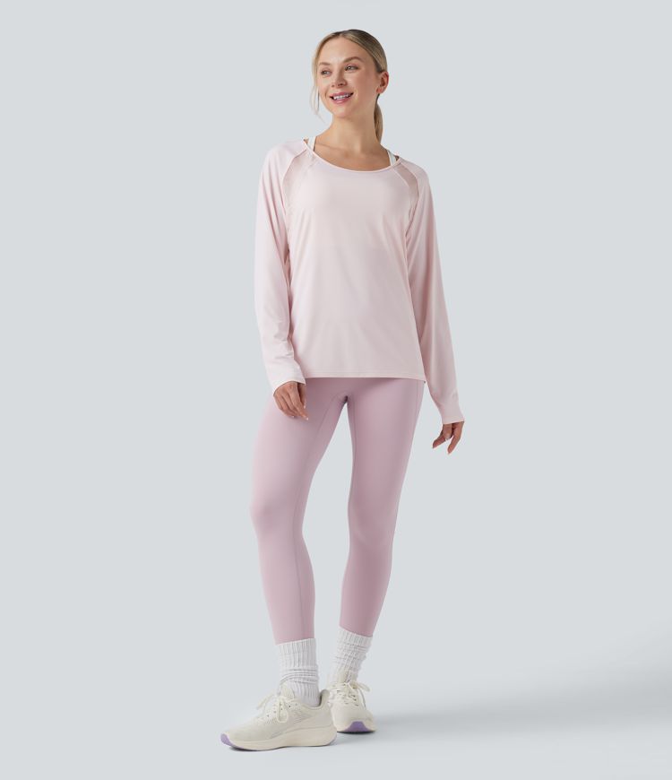 Scoop Neck Long Sleeve Contrast Mesh Yoga Sports Top