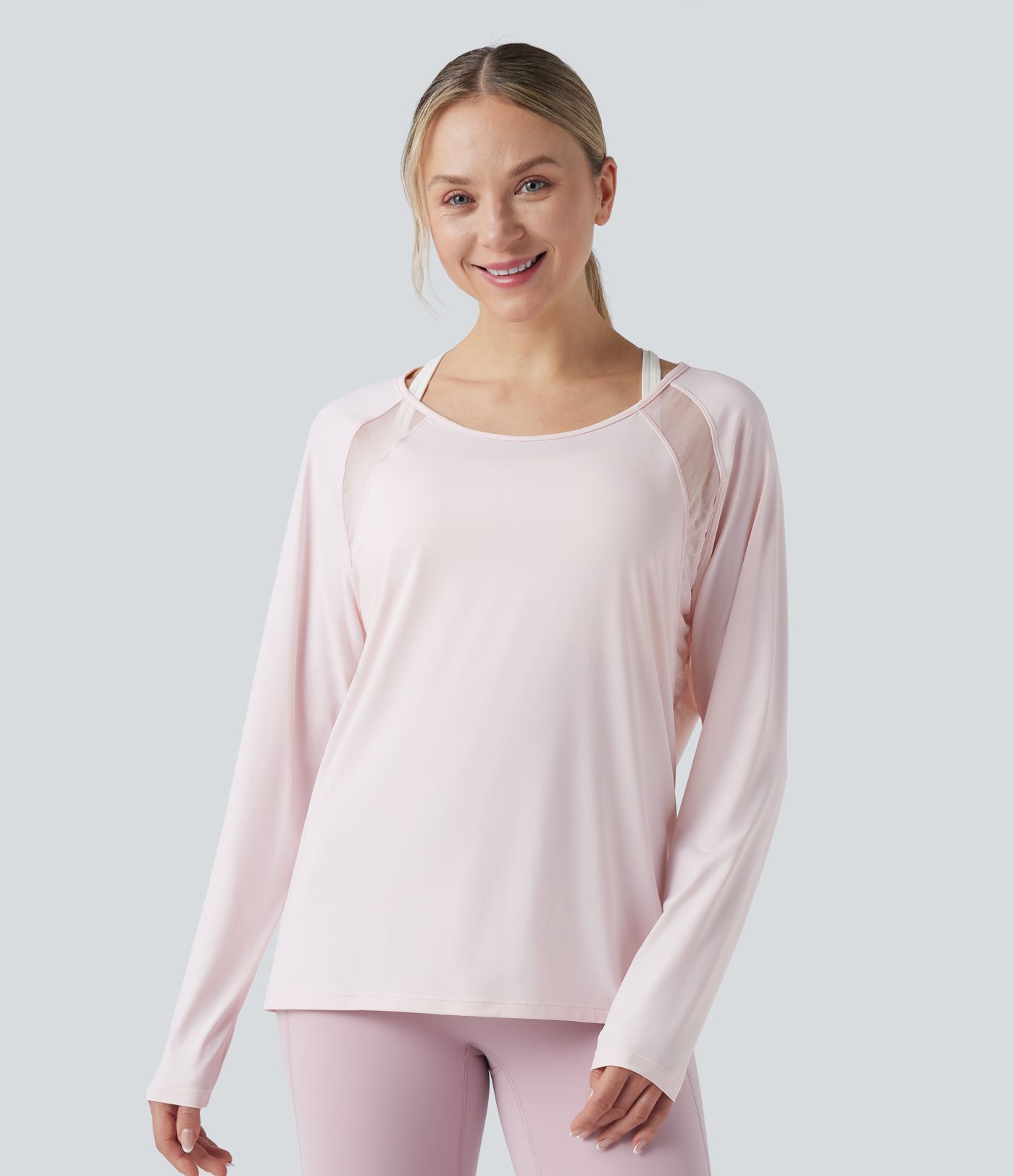 Scoop Neck Long Sleeve Contrast Mesh Yoga Sports Top