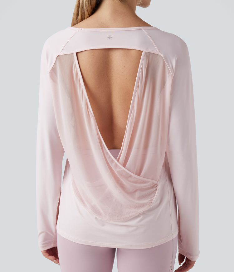 Scoop Neck Long Sleeve Contrast Mesh Yoga Sports Top
