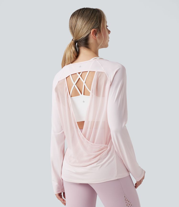 Scoop Neck Long Sleeve Contrast Mesh Yoga Sports Top